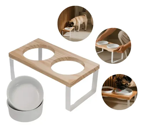 Comedouro Duplo Elevado Pet Madeira Porcelana BRANCO - 1